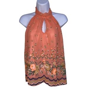 Papaya Woman's Coral Floral Halter Top Keyhole Neckline Sleeveless Blouse Size S